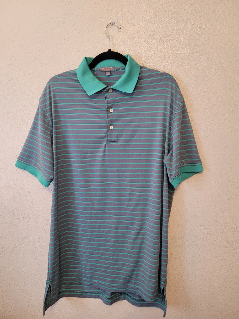 Peter Millar Summer Comfort Golf Polo Shirt Gray Aqua Stripe Men's M